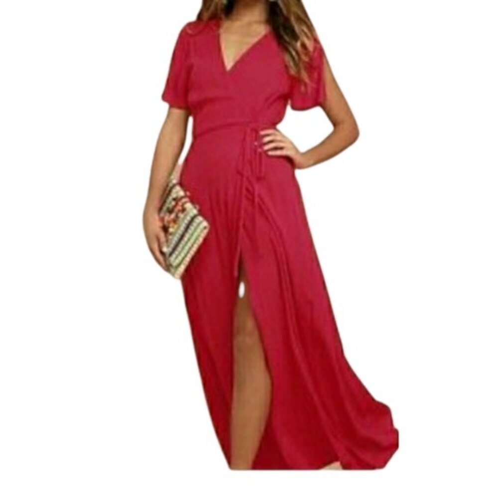 Lulus Much Obliged Wrap Maxi Dress NWT Medium Deep Maroon Aubergine Purple Tone